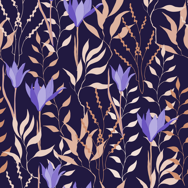 Autumn textile pattern with bright purple flowers on a dark background. Vector seamless floral print for fabric, home textiles, bed linen. - Vector, imagen