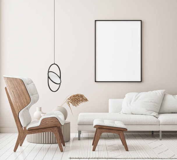 modellare cornice poster in moderno sfondo interno, soggiorno, stile scandinavo, rendering 3D, illustrazione 3D - Foto, immagini
