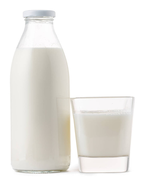 Glass bottle and cup of fresh milk isolated - Foto, Imagen