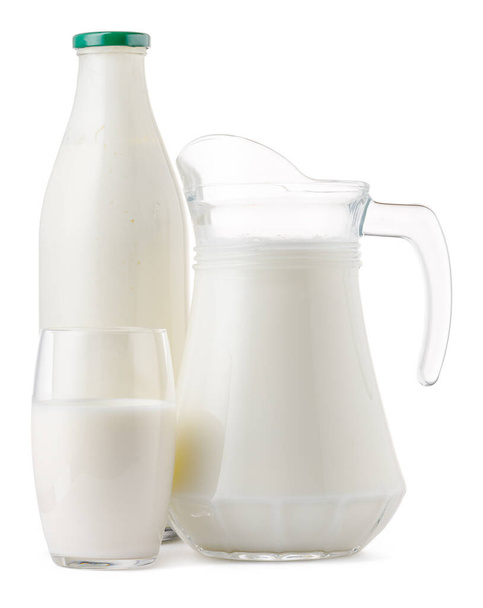 Glass jar and cup of fresh milk isolated - Foto, imagen