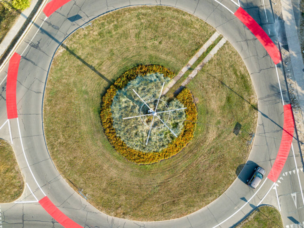 Aerial drone view. Roundabout with red bicycle markings. - Photo, Image