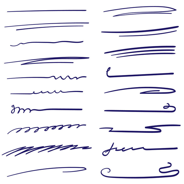 Handgemachte Linien, Pinselstriche, Unterstriche. Handgezeichnete Sammlung von Doodle-Stil verschiedenen Formen. Kunstlinien. Isoliert auf weiß. Vektorillustration - Vektor, Bild