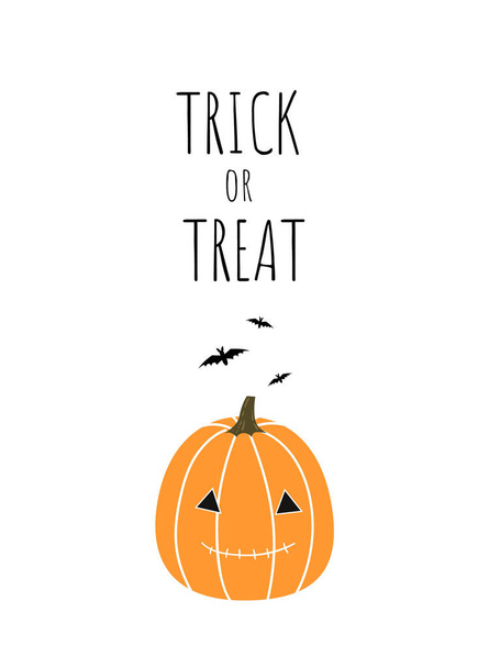 Trick or Treat. Halloween greeting card or banner design with pumkin illustration, text and bats on white background. - Vector - Vektör, Görsel