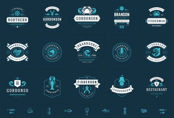 Seafood logos or signs set vector illustration fish market and restaurant emblems templates design - Vetor, Imagem
