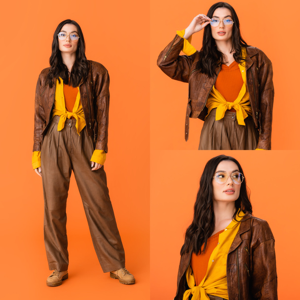 collage de mujer morena de moda en traje de otoño tocando gafas y mirando a la cámara en naranja  - Foto, Imagen