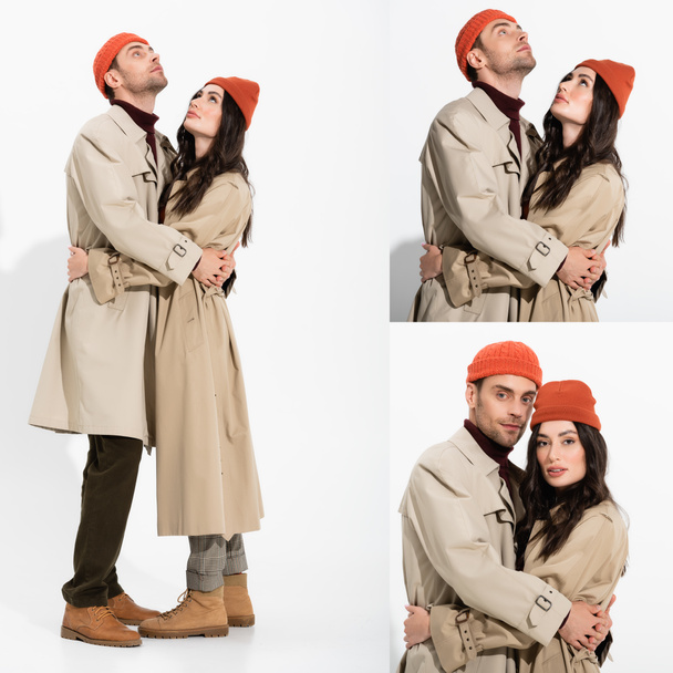 Коллаж стильной пары в шапочках и плащах, обнимающих и смотрящих на белый  - Фото, изображение