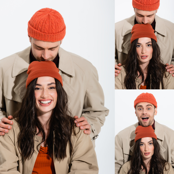 collage of stylish man in beanie hat and trench coat kissing head of woman on white  - Photo, Image