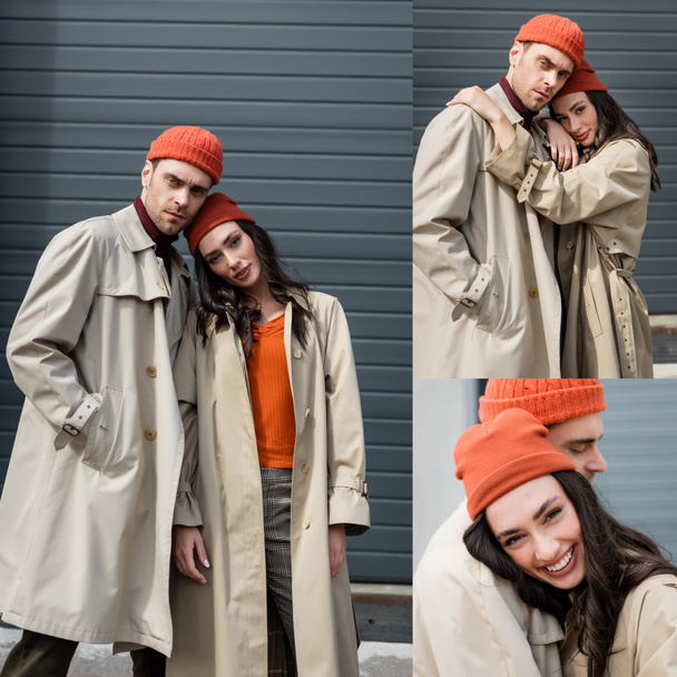 Коллаж стильной пары в шапочках и траншеях, позирующих снаружи - Фото, изображение