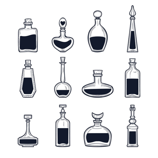 Hand drawn potion bottles set, vector illustration - Vektori, kuva