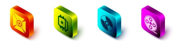 Set Isometric Movie spotlight, Cinema ticket, CD or DVD disk and Film reel icon. Vector. - Vector, Image