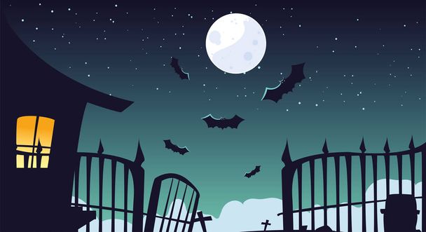 fondo de Halloween con casa embrujada en el cementerio espeluznante - Vector, imagen