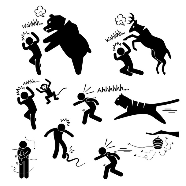 Animal salvaje atacar daño humano palo figura pictograma icono
 - Vector, imagen