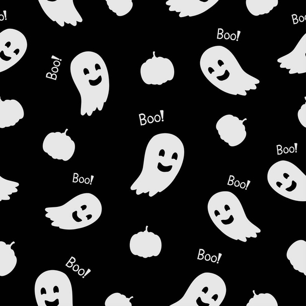 White creepy and fun ghosts with boo text, pumpkins on black background. Seamless doodle Halloween pattern.  Suitable for packaging, textile, poster. - Vetor, Imagem