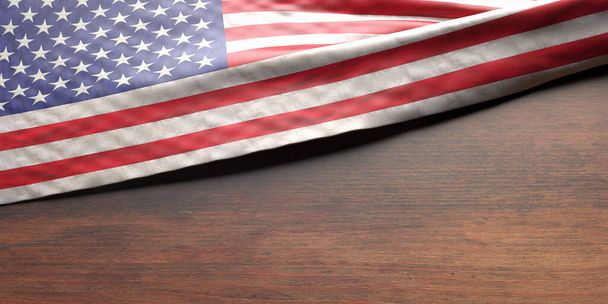 Bandiera USA su sfondo tavolo in legno. Simbolo del segno degli Stati Uniti d'America, Memoriale, 4 luglio, Modello del giorno dell'indipendenza. Illustrazione 3d - Foto, immagini