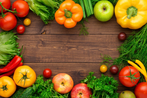 Healthy eating ingredients: fresh vegetables, fruits and superfood. Nutrition, diet, vegan food concept. Wooden background - Zdjęcie, obraz
