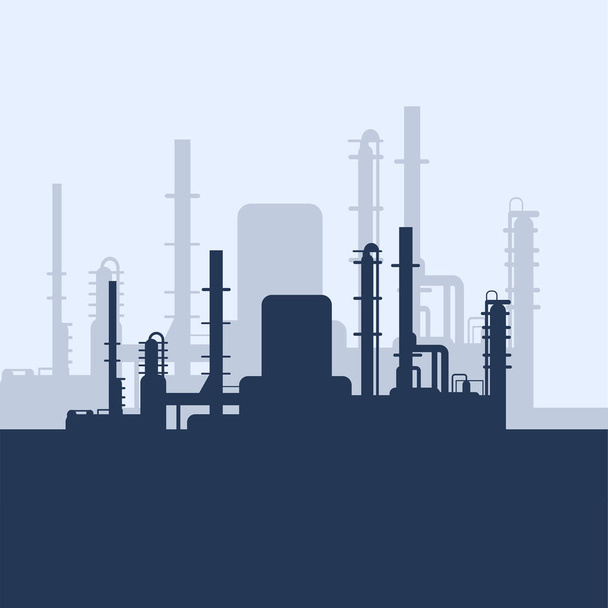 白い背景にブルーオイル工場シルエット。石油産業。Web 、インフォグラフィック、インターフェイスデザインのベクトルテンプレート。石油・ガス市場。エネルギー事業と環境問題 - ベクター画像