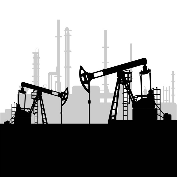 Black oil pump jack silhouette and factory view. Petroleum industry. Vector template for web, infographics or interface design. Oil and gas market. Energy business and environmental problems - Vector, Image