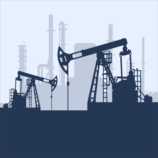 Μπλε αντλία λαδιού jack σιλουέτα και θέα στο εργοστάσιο. Βιομηχανία πετρελαίου. Διανυσματικό πρότυπο για web, infographics ή interface design. Αγορά πετρελαίου και φυσικού αερίου. Ενεργειακά επιχειρηματικά και περιβαλλοντικά προβλήματα - Διάνυσμα, εικόνα