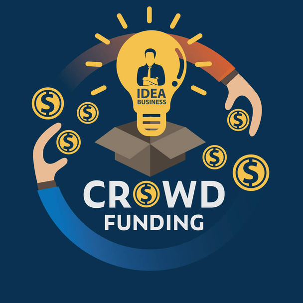 Wektor, koncepcja crowdfundingu ludzi, nowy model biznesowy, finansowanie projektu poprzez pozyskiwanie wkładów pieniężnych od tłumu ludzi - Wektor, obraz