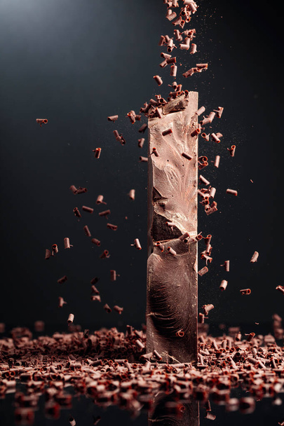 Large piece of dark chocolate and falling chocolate crumbs on a black background. Copy space. - 写真・画像