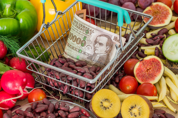 Cesta de compras com dinheiro paraguaio, em torno de produtos alimentares, legumes e frutas. O conceito de inflação, preços crescentes e foo mais caro - Foto, Imagem