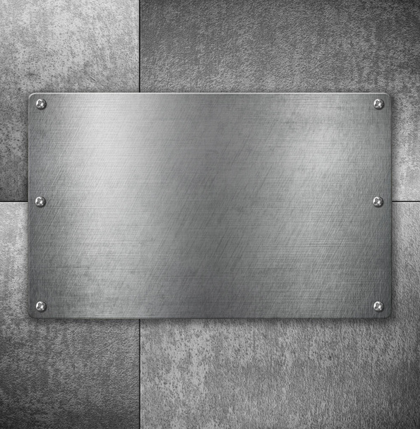 Fırçalanmış çelik arka planda perçin kaplı metal plaka 3 boyutlu illüstrasyon - Fotoğraf, Görsel