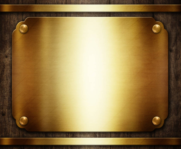 Dřevěná cedule se zlatými talíři 3D ilustrace - Fotografie, Obrázek