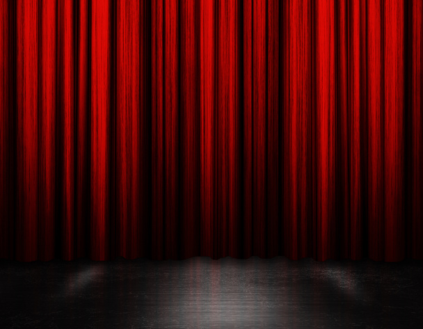 暗い背景の装飾デザイン、アイデアとして美しい赤い絹のカーテン。3Dイラスト - 写真・画像