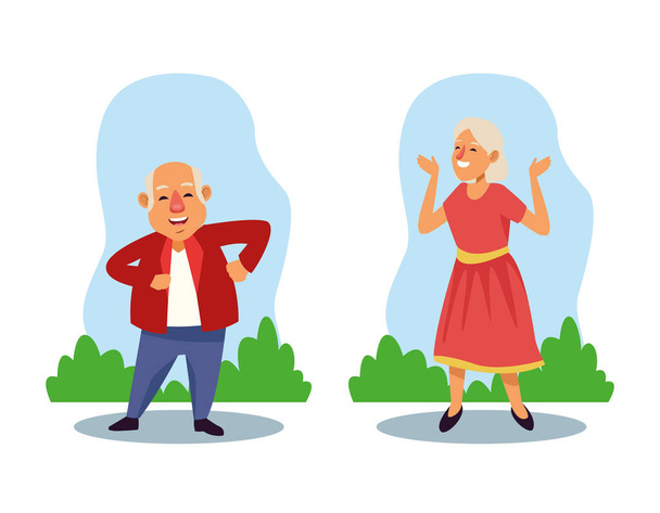 ηλικιωμένο ζευγάρι χορεύει στο πεδίο ενεργό ηλικιωμένους χαρακτήρες - Διάνυσμα, εικόνα