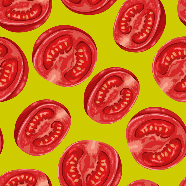 パルプと種子でスライスされた新鮮な生トマトのパターンを持つシームレスな背景 - ベクター画像