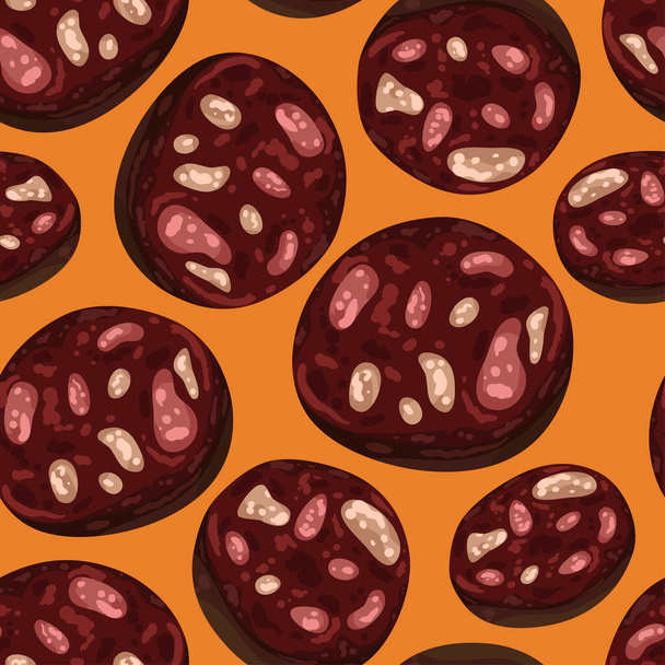 Seamless background with a pattern of sliced bloody sausage or black pudding with fat - Vector, Image