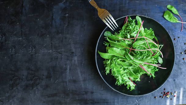 Salata yeşili lezzetli yapraklar çiğ mikro yeşiller doğal sulu atıştırmalıklar sunuyor. yiyecek arka planı keto veya paleo diyeti - Fotoğraf, Görsel