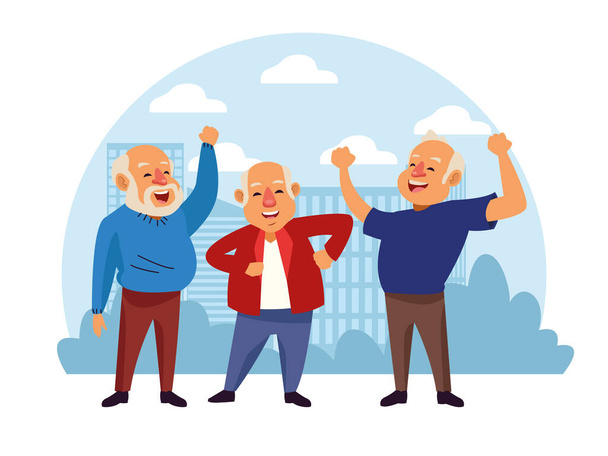 ancianos en el paisaje personajes activos de personas mayores - Vector, imagen