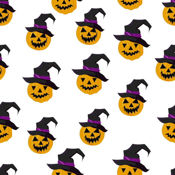 Vector seamless editable pattern on a transparent background. Voluminous Jack Lantern pumpkin in wizard hats. Suitable for Halloween-themed decoration - Vector, Image