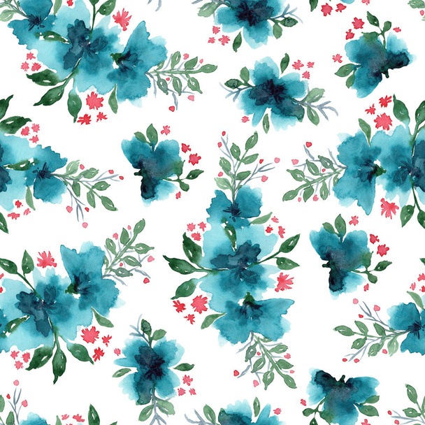 Bright watercolor pattern with blue flowers - Φωτογραφία, εικόνα