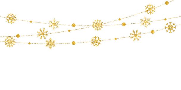 Glitter snowflakes garland on white background. Christmas golden decoration. Bright hanging snowflake and balls. Holiday party design elements. Luxury gold snow greeting card. Vector illustration. - Wektor, obraz