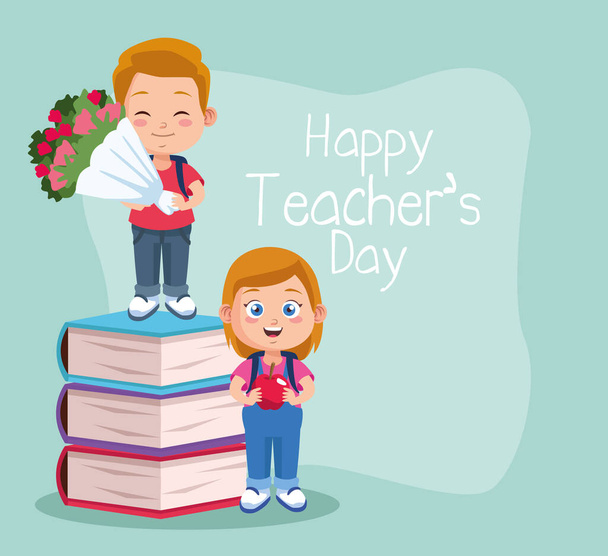 happy teachers day scene with students couple and books - Vector, Image
