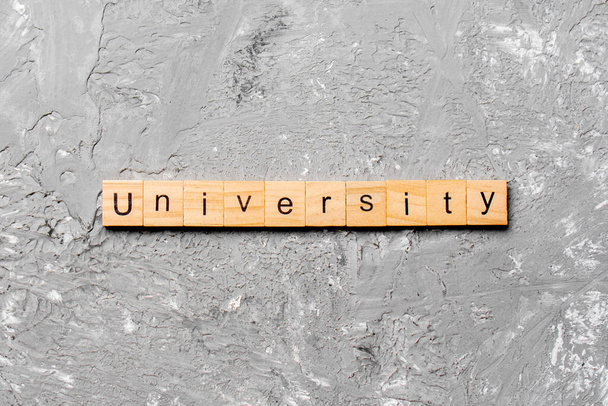 UNIVERSITY word written on wood block. UNIVERSITY text on cement table for your desing, concept. - Photo, Image