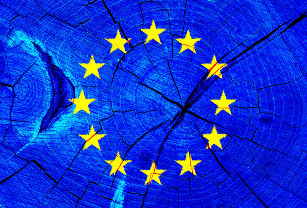 EU flag on texture background. Background for greeting cards for EU public holidays. Europe Day is celebrated on May 9. Day of the Schumann Declaration is celebrated on May 5. - Photo, Image