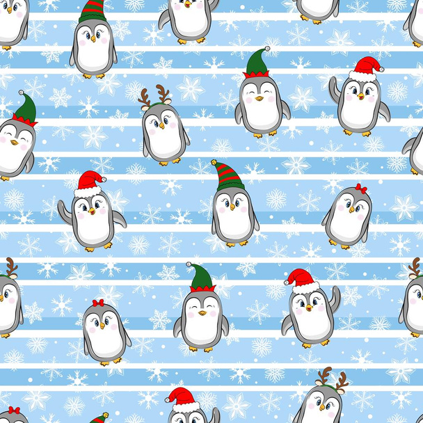 Seamless pattern with Christmas penguins in fuhhy hats. - Vector, imagen