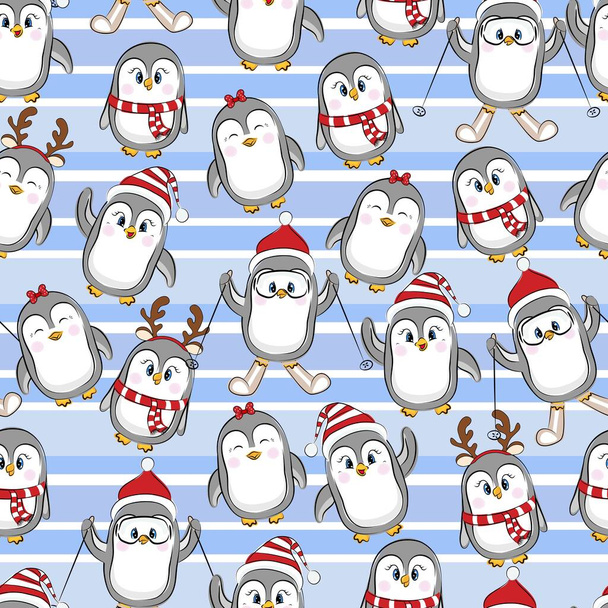 Seamless pattern of cute little penguins in funny. Winter holidays and activities. Vector illustration. - Vector, imagen