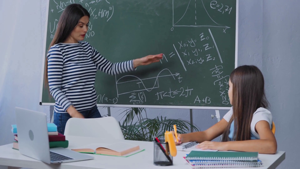 Mutter zeigt mit der Hand auf Tafel mit mathematischen Formeln in der Nähe der Tochter  - Filmmaterial, Video