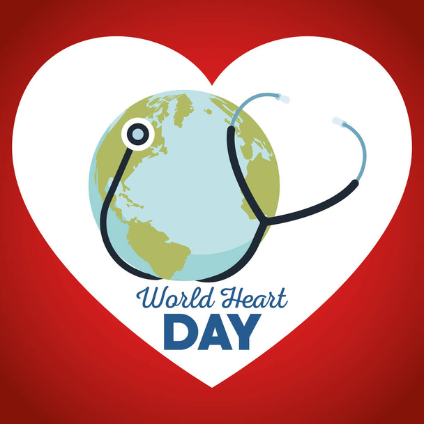 聴診器と地球での心臓の日のレタリング - ベクター画像