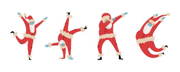 Tıbbi maske takmış mutlu dans eden Noel Babalar ve lateks eldivenler. - Vektör, Görsel