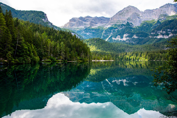 the peaks of the Dolomites in the Adamello Natural Park are reflected and tinged with green the Alpine Lake of Tovel in the Val Di Non, Trento, Italy - Valokuva, kuva