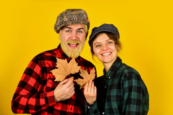 Fall in love. Happy relations. Vintage style. Romantic feelings. Couple in love stylish outfit. Cheerful couple dating in september. Autumn mood. Family time. Couple wear checkered hats and shirts - Foto, immagini