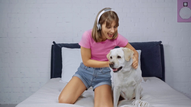 Frau mit drahtlosem Kopfhörer benutzt Smartphone und tanzt neben Hund im Bett - Filmmaterial, Video