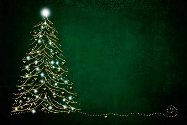 Kerstkaarten, abstracte tekening uit de vrije hand van gouden dennenboom en harten, donkergroene papieren achtergrond met kopieerruimte. - Foto, afbeelding