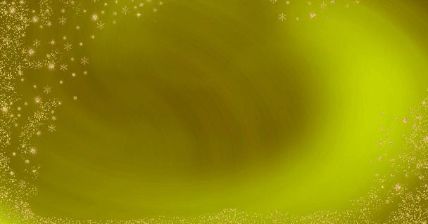 Kerststal of feestelijke wenskaarten. Gouden sneeuwvlokken glitter frame op gouden textuur, blanco lichtgevende achtergrond. Panoramisch beeld. - Foto, afbeelding