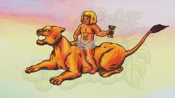 Bir resim çiziminin kısa bir video animasyonu, baküs çocuğunun dişi aslana binişini gösteriyor, animasyon üzümle değişiyor. Baküs, şarap tanrısı Dionysos 'u simgeler. Çocuğun elindeki kadehte de üzümlerle temsil edilir.. - Video, Çekim